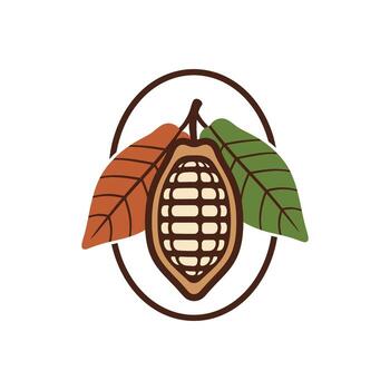 Cocoa bean illustration with leaves and a circle design. vector