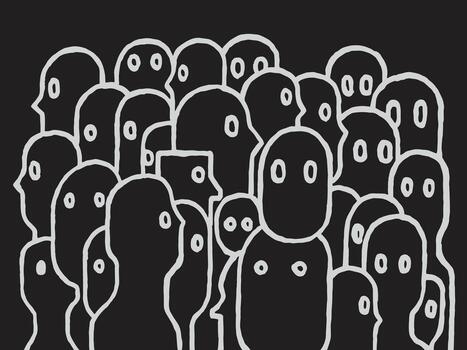 Hand drawn pattern of abstract crowd silhouettes with bold brush lines. Minimal black and white design featuring ghostly faces, creating a modern graphic look. vector