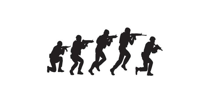 Print Silhouettes of Soldiers Armed Military Figures in Dynamic Action Poses Modern Combat Design Isolated on White Background vector