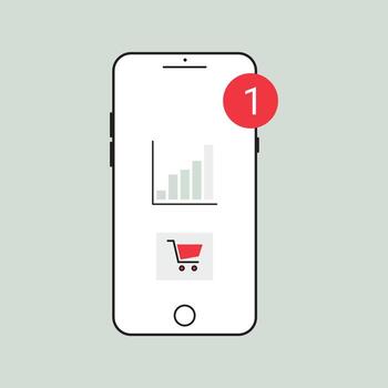 Mobile phone with red notification badge showing one new alert business chart shopping cart icon vector
