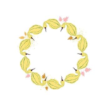A cute autumn round frame with yellow pumpkins and leaves. A round frame with cozy autumn elements. The pumpkin is arranged in a circle. illustration on a white background. vector