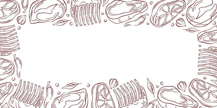 Border frame with different meat cut steak, rib and chop in a line art style. Perfect for food packaging, flyers, butcher store design and restaurant menu. vector