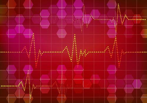 Dotted heartbeat ECG on a red hexagon grid medical cardiology tech background for healthcare apps banners and presentations with copy space dotted style vector