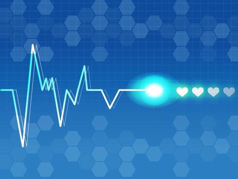 Heartbeat ECG line with glowing pulse and heart icons on a blue hexagon grid background medical healthcare technology concept for banner or presentation with copy space digital style vector