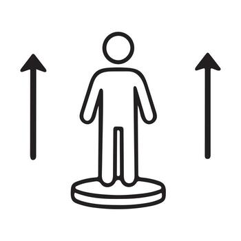 Simple line art icon of a person standing on a platform with upward arrows isolated on white background vector