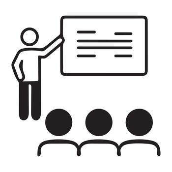 Presentation icon with a speaker pointing at a whiteboard and audience watching vector