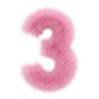 Fluffy pink number three made of soft fur isolated on white background photo
