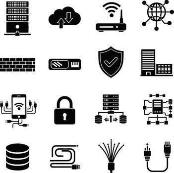 negro y blanco íconos representando redes, seguridad, y conectividad soluciones vector