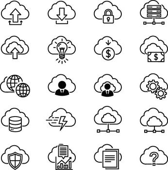 nube informática y almacenamiento negro línea iconos, datos administración y seguridad vector