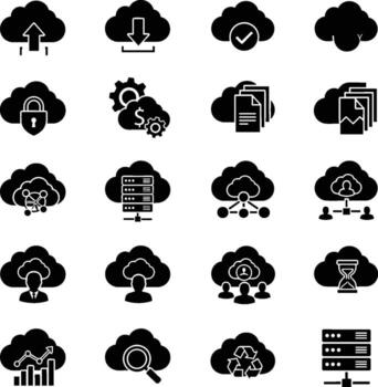 Diverse cloud computing services and applications outlined in a modern glyph set vector