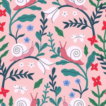 Seamless pattern with snails and flowers. graphics. vector