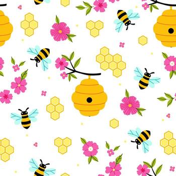 Seamless pattern with bees, beehives, flowers, and honeycombs. graphics. vector