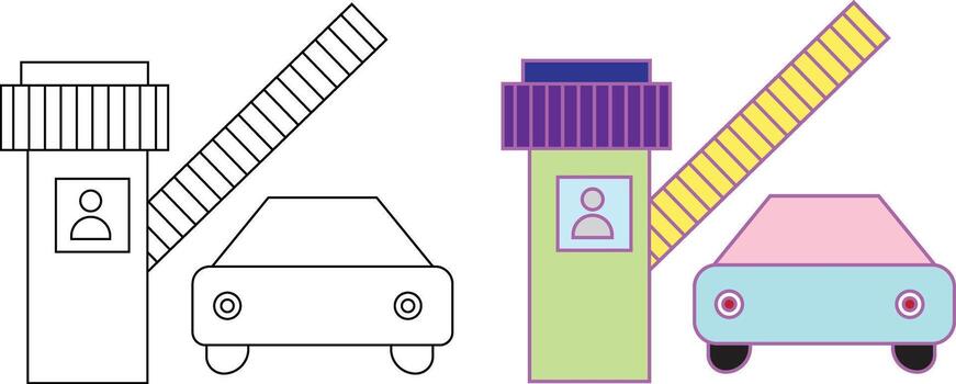 Toll booth isolated on white background featuring a car passing through the barrier with geometric shapes vector