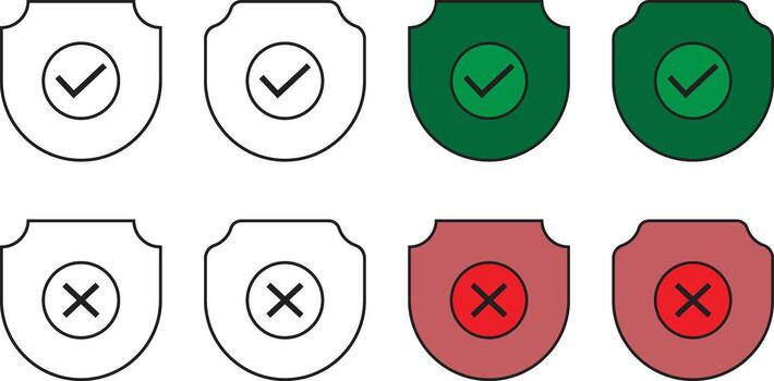 Shield icons with check and cross marks isolated on white background, indicating approval or rejection for security purposes vector
