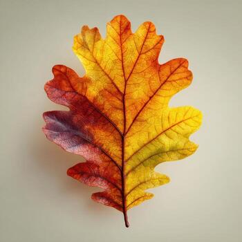Autumn oak leaf in vibrant yellow orange red gradient colors isolated on soft background photo