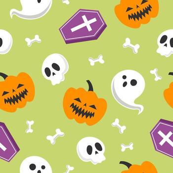 A seamless pattern with Halloween characters on a light green background. vector