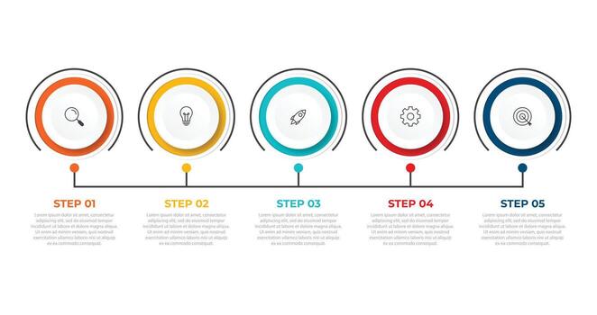 Modern and abstract infographic design featuring 5 steps circles showcasing business icons and concepts, ideal for presentations, reports, or analytics. illustration. vector