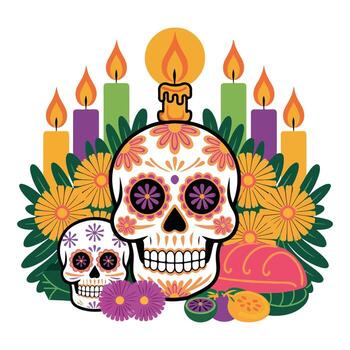 Colorful skulls and candles for celebration vector