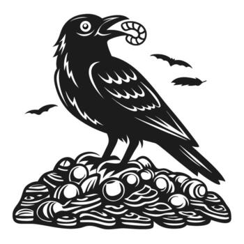 Black raven bird perched on branch with worm in beak detailed monochrome illustration, symbolizing intelligence and resourcefulness vector