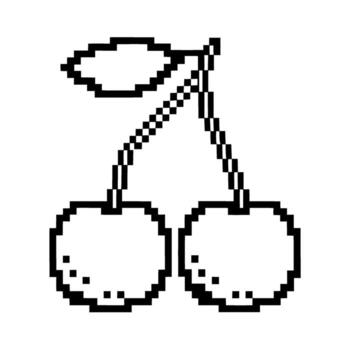 Pixel art cherries icon retro 8 bit style, minimalistic digital fruit illustration with two cherries and single leaf vector