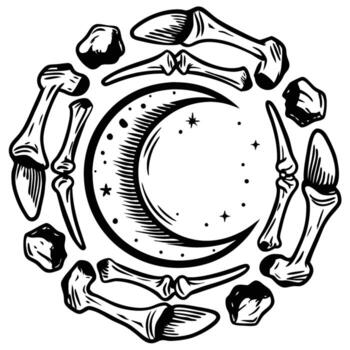Crescent moon surrounded by scattered animal bones and stones in a circular arrangement, celestial mystical design vector
