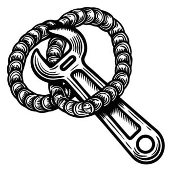 Wrench with rope knot mechanical tool entwined, engineering maintenance concept, craftsmanship and hardware symbol vector