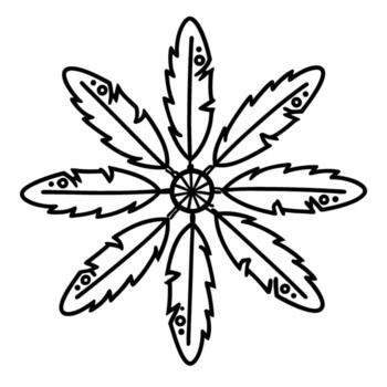 Circular mandala pattern with eight feather elements symmetrical line art design, abstract bohemian tribal illustration vector