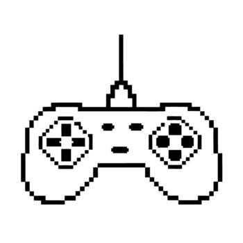 Pixel art game controller with wired connection retro joystick, digital buttons, black outline, minimalist gaming device icon vector