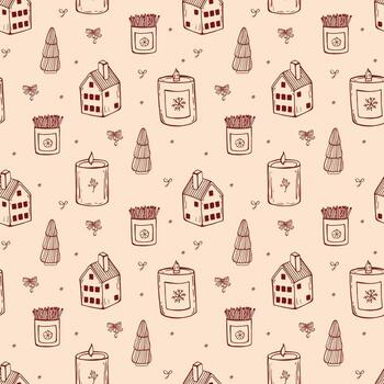 Whimsical Christmas seamless pattern with candle and christmas tree in red color. linear hand drawn wrapping paper vector