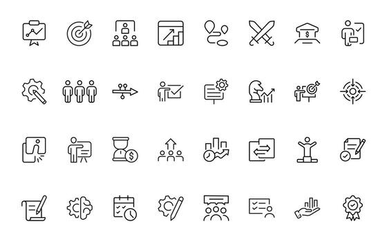 línea íconos acerca de acción plan. contiene tal íconos como buscar estrategia, objetivo, esquema, cronograma y flujo de trabajo.acción plan conjunto de web íconos en línea. estrategia acción planificación iconos vector