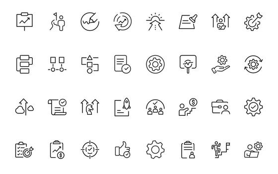 línea íconos acerca de acción plan. contiene tal íconos como buscar estrategia, objetivo, esquema, cronograma y flujo de trabajo.acción plan conjunto de web íconos en estilo. estrategia acción planificación iconos vector