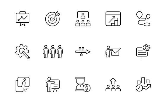 línea íconos acerca de acción plan. contiene tal íconos como buscar estrategia, objetivo, esquema, cronograma y flujo de trabajo.acción plan conjunto de web íconos en línea estilo. acción planificación iconos vector