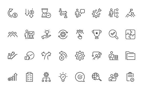 línea íconos acerca de acción plan. contiene tal íconos como buscar estrategia, objetivo, esquema, cronograma y flujo de trabajo.acción plan conjunto de íconos en línea estilo. estrategia acción planificación iconos vector