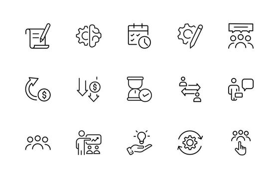 línea íconos acerca de acción plan. contiene tal íconos como buscar estrategia, objetivo, esquema, cronograma y flujo de trabajo.acción plan conjunto de web íconos en línea estilo. estrategia acción iconos vector