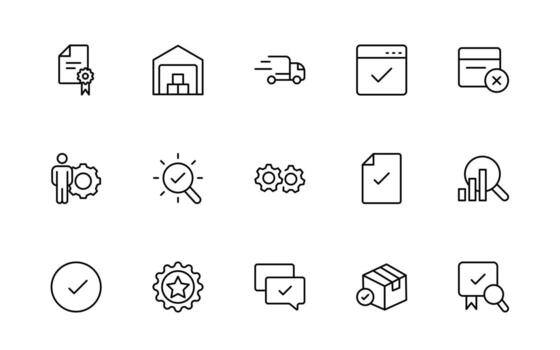 Quality Control icons. Included as inspect, QA, qualify, quality control, check, verify, and more simple minimal thin line icon set. vector