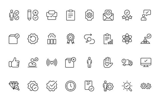 Quality Control icons. Included as inspect, QA, qualify, quality control, check, verify, and more minimal thin line icon set. vector
