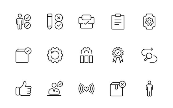 Quality Control icons. Included as inspect, QA, qualify, quality control, check, verify, and more simple minimal thin line icon collection. vector