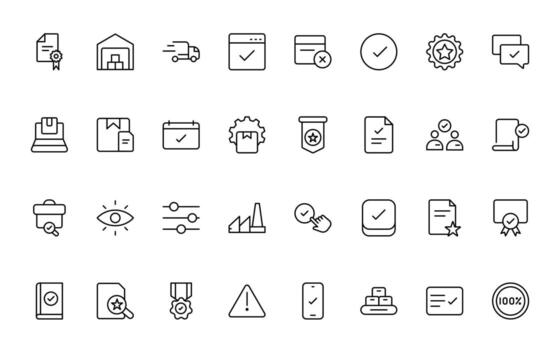 Quality Control icons. Included as inspect, QA, qualify, quality control, check, verify, and more simple minimal line icon illustration. vector