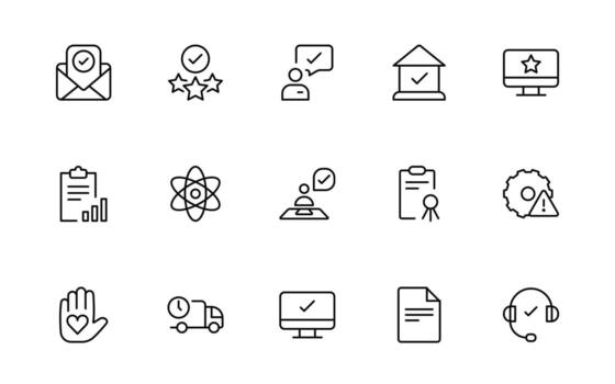 Quality Control icons. Included as inspect, QA, qualify, quality control, check, verify, and more minimal thin line icon illustration. vector