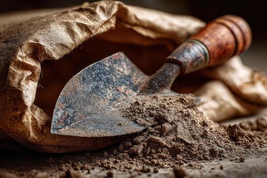 Rustic trowel rests on a pile of soil next to a brown paper bag in a gardening scene photo