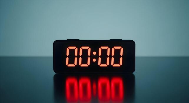 Observe the digital clock displaying midnight with its bright red glowing numbers clearly shown photo