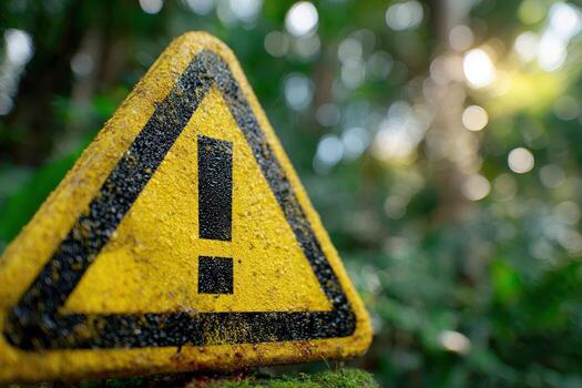 Caution sign displays warning symbol in nature environment with blurred background outdoors photo