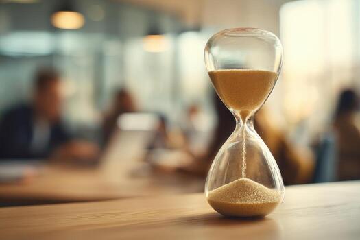 Elegant hourglass timer measures time passing with sand on a wooden table surface indoors photo