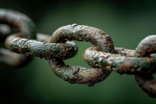 Macro shot showcases a weathered chain link with heavy rust and textured surface detail photo