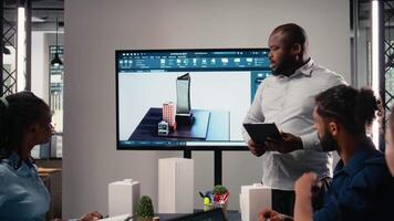 Property developer leads the planning session with 3D models for details and zoning regulations, focusing on site development and infrastructure growth for housing and urban development. Camera A. video