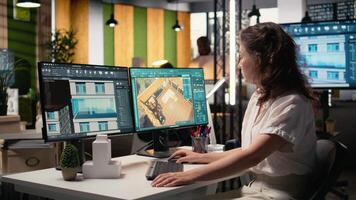 Property developer analyzing real estate blueprints and infrastructure design with software tools, planning residential expansion and layout with walls structure for new construction. Camera A. video