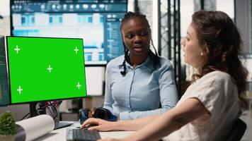 Developers team planning construction with software tools and green screen, reviewing project layouts, zoning requirements and property development strategies for real estate growth. Camera B. video