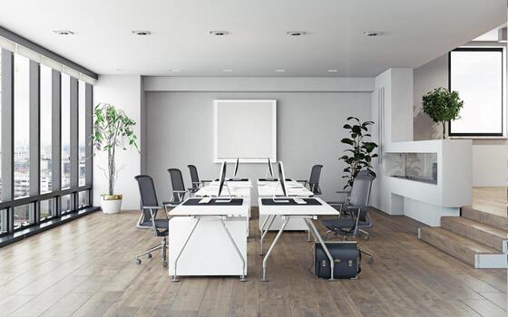 Modern office interior with empty desks and computers. Bright corporate workplace with a city view. 3D rendering of a co-working space. photo