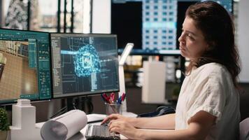 verklig egendom utvecklare användningar Avancerad ai och neuralt nätverk teknologi för interiör design och byggnad layout, strukturell analys och webbplats förberedelse. innovation och djup inlärning. kamera b. video