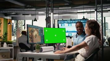Developers team planning construction with software tools and green screen, reviewing project layouts, zoning requirements and property development strategies for real estate growth. Camera A. video